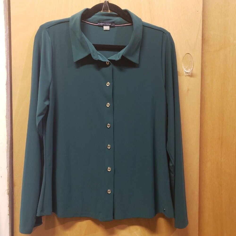 Tommy Hilfiger Women's Soft Work Long Sleeve Point-Collar Blouse Sz L Green SSS